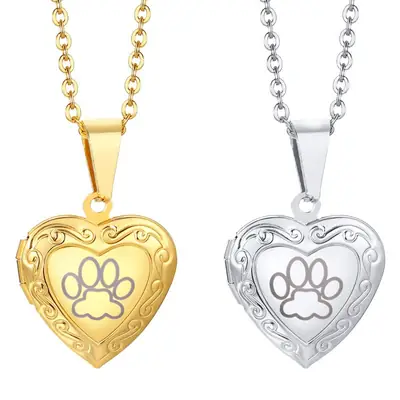 Titanium Steel Dog Paw Heart Pendant Necklace Gold Silver