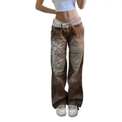 Women's Irregular Printed Loose Trousers Low Waist Pleated Washed Old Multicolor Jeans