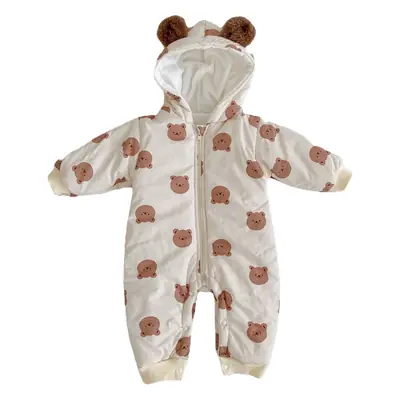 2025 Winter Velvet Bear Print Hooded Crawling Jumpsuit for Baby