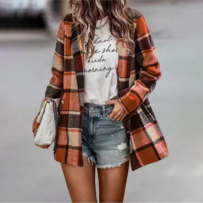 Women Plaid Flap Pocket Pants Woolen Outfit