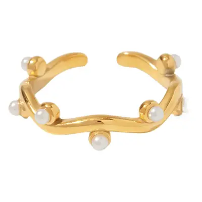 18K Gold Plated Titanium Steel Ring with White Pearl Opening