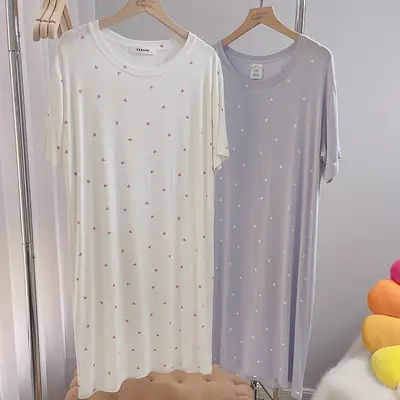 Japanese-Style Heart-Pattern Modal Short-Sleeve Thin Nightgown, Summer Simple Loose Round-Neck Loungewear Sleepwear for Women