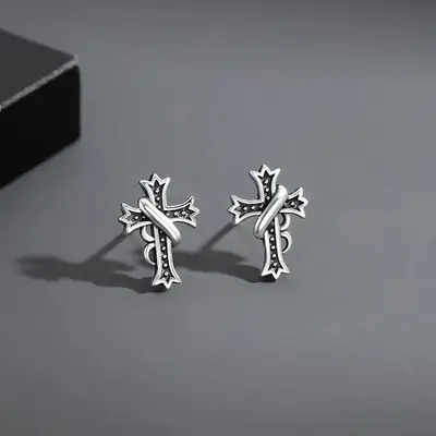 Vintage Cross Earrings Men Silver Cold Style Fashion