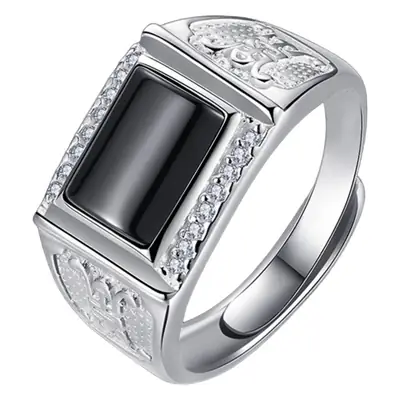 Men's Black Diamond Agate Ring with Silver Plating