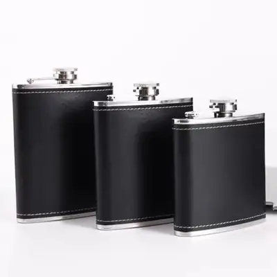 Stainless Steel Flask Black Leather Gift Box 8oz Wine Set