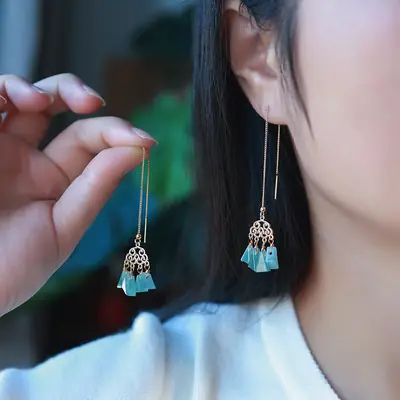 Natural Blue Jade Earrings 14K Gold Plated
