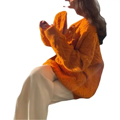 Women Knitted V-Neck Pullover Orange 2025