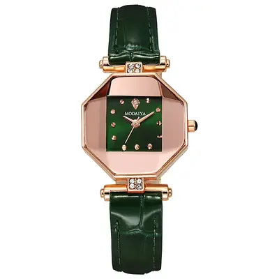 Women's Rhinestone Watch Green Leather Band Rose Gold
