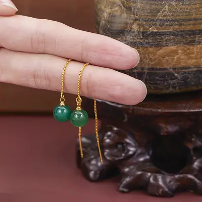 Korean Style Green Agate Chain Earrings for Women