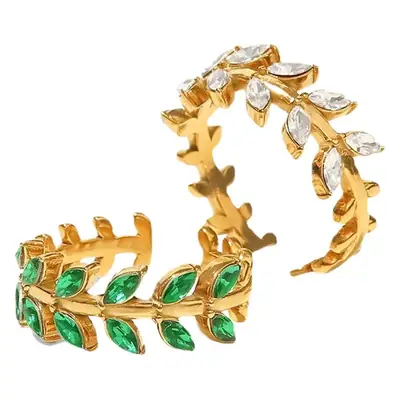Ins Internet Celebrity New Titanium Steel Ring 18K Gold Stainless Steel Leaf-Shaped Inlaid White/‘Green Zircon Ring