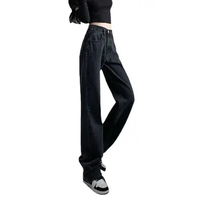 Women Black Wide Leg High Waist Jeans Spring Autumn