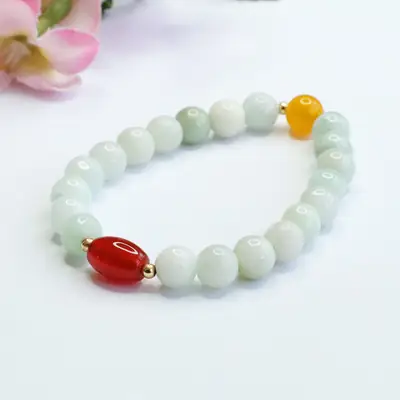 Natural Jade Guan Yu Bracelet with Red & Yellow Accents