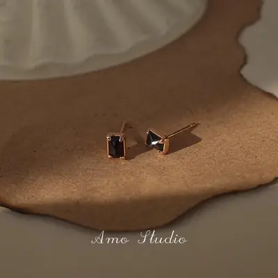 Black Agate Mini Silver Needle Earrings for Women