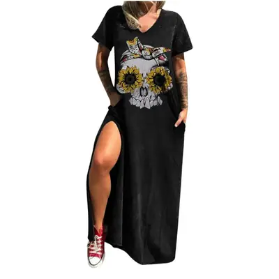 Maroon Hot Skull Print V-Neck Dress with Split Pocket