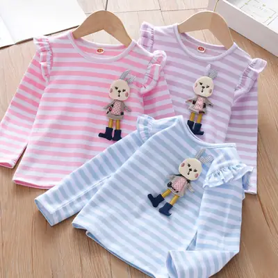 Girls Pink Striped Long Sleeve T-Shirt with Bear Print