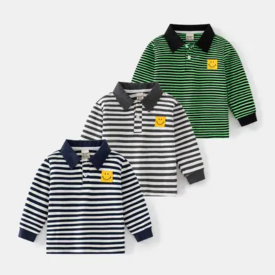 2025 Boys Striped Polo Shirt Black White Long Sleeve