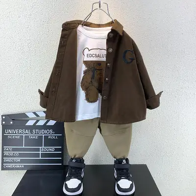 Children's 3-Piece Autumn Long Sleeve Shirt Set Brown White Pants