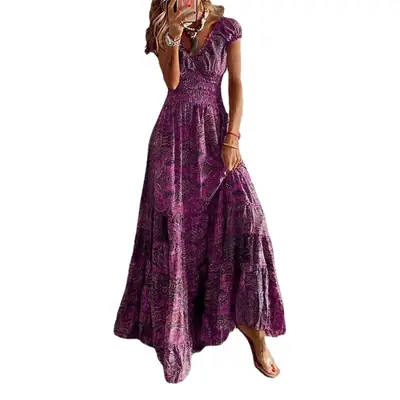 Long Swing Dress Floral Printed Green Large Size