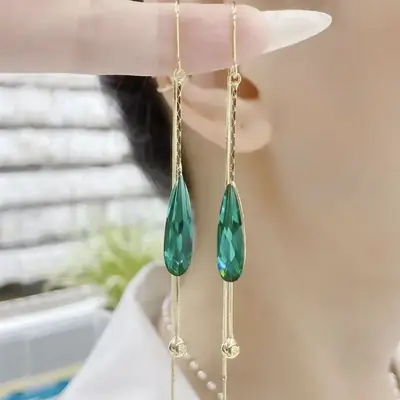 Long Green Water Drop Crystal Earrings for Women