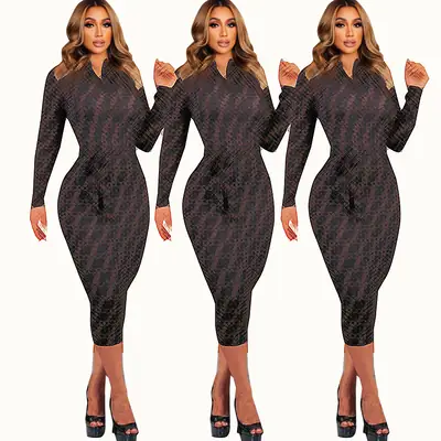 Women's Long Sleeve Printed Belted Dress