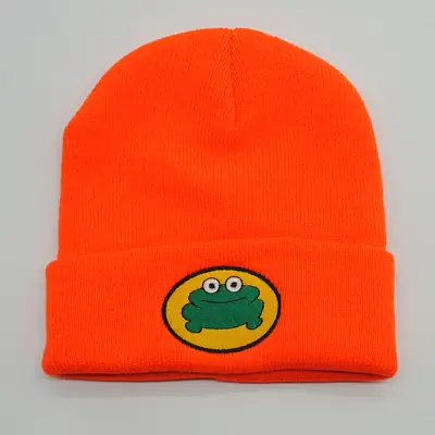 Orange Knitted Hat with Frog Embroidery for Women