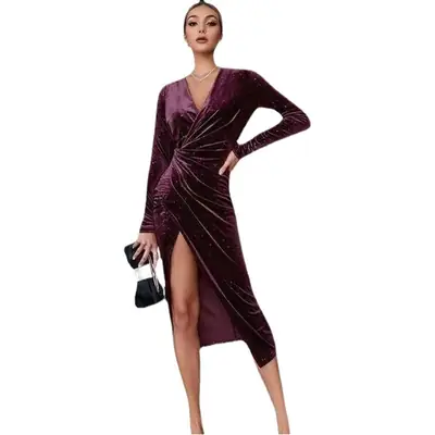 2024 Gold Velvet Leg-Revealing Evening Dress