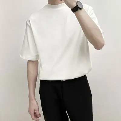 Men Green Half-High Collar T-Shirt Short Sleeve