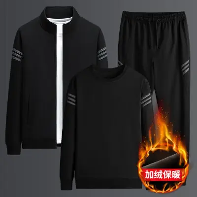 Men Black Fleece Casual Suit Plus Size Winter Sports