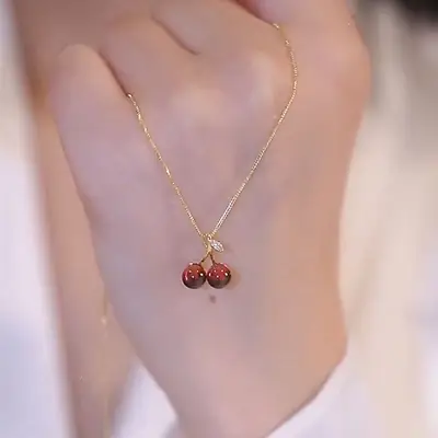 Small Cherry Pendant Necklace for Women Light Red Clavicle Chain