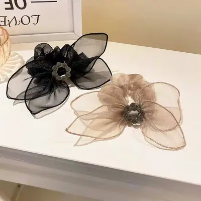 Black Organza Bow Hair Ring with Diamond Centerpiece