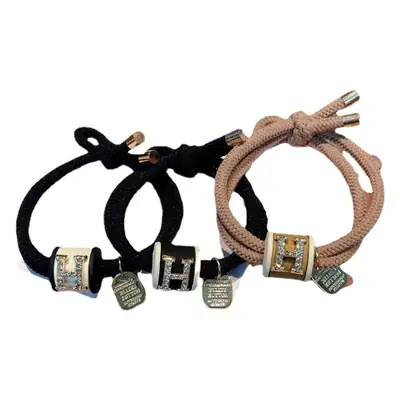 Women Retro Cylindrical Letter H Hair Ropes Black Gold Pearl