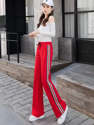 Women Red Striped High Waist Pants Square Dance Casual