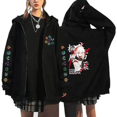 Black Genshin Hooded Zipper Sweatshirt for Men
