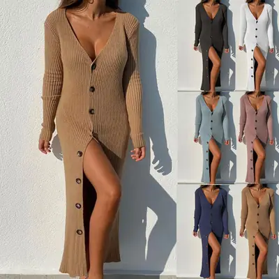 2025 Women's Knitted Button Cardigan Dress Long Sleeve