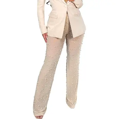 LD83139 autumn and winter European and American women's clothing rubber mesh bubble bead decorative commuter wide foot nail bead trousers with bottoms