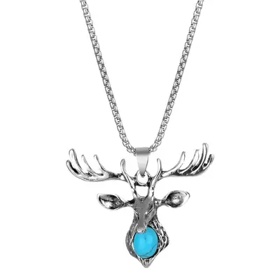 Men's Korean Style Deer Head Necklace with Turquoise Stone