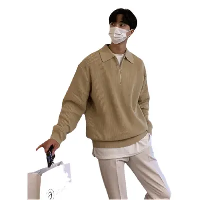 Men Winter Polo Collar Sweater Loose Zipper Gray