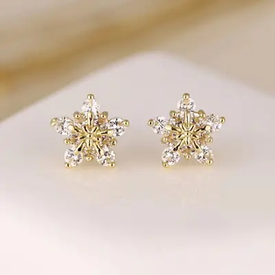 14k Gold Star Earrings with Zircon Super Flash