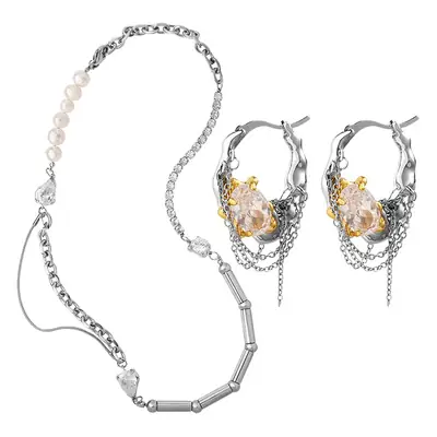 Titanium Steel Necklace & Earrings Set with Freshwater Pearl & Zircon