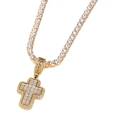 Hip Hop Cross Pendant Necklace with Zircon & Brass Chain