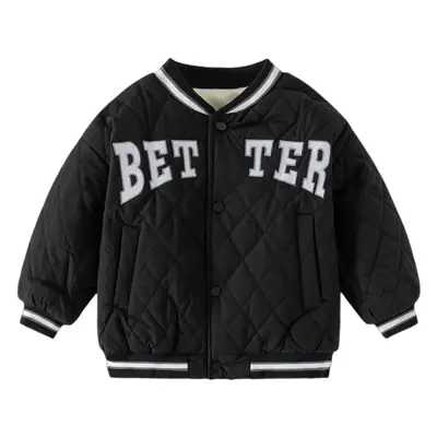 Kids Velvet Coat White Black Letter Embroidered V Neck Zipper