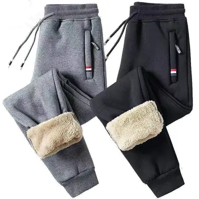 Men Fleece Sweatpants Black Warm Winter Casual Pants