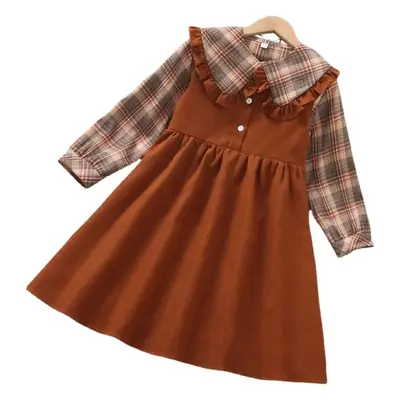 Girls Plaid Long Sleeve Dress Brown Mid-Length