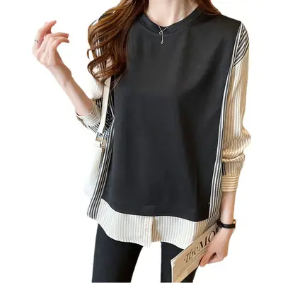 Women Striped Patchwork Long Sleeve Top Black