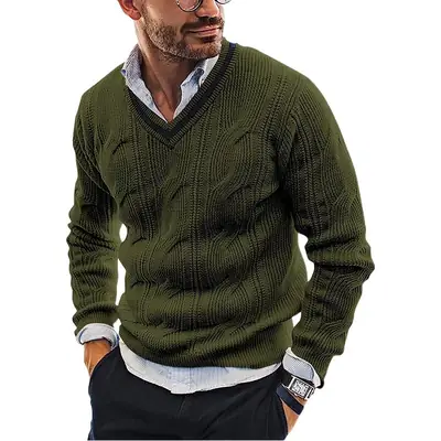 Men's V-Neck Knitted Sweater White Long Sleeve