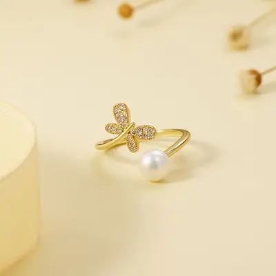 Cross-border Korean Fashion Butterfly Pearl Ring Gold Silver