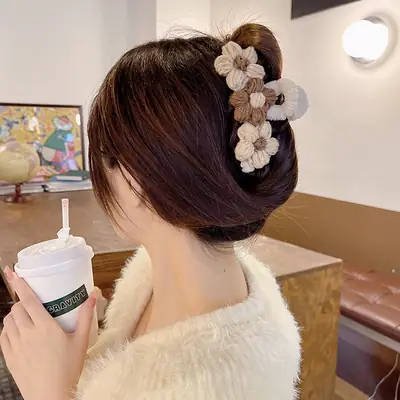 Wool Flower Hair Clip Milk Tea Color Women's Accessory