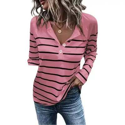 Women Striped Button T-Shirt Long Sleeve Blue White
