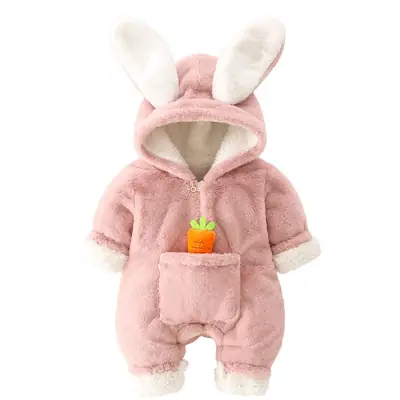 Pink Fleece Rabbit Ears Baby Romper 2024