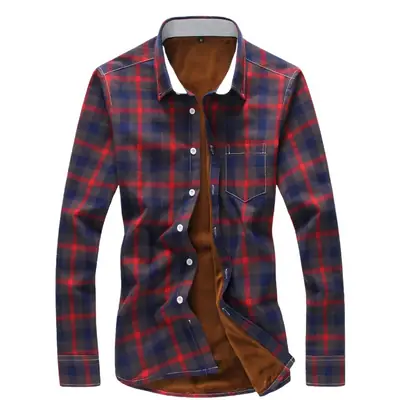 Winter Men's Plaid Fleece Shirt Blue Orange